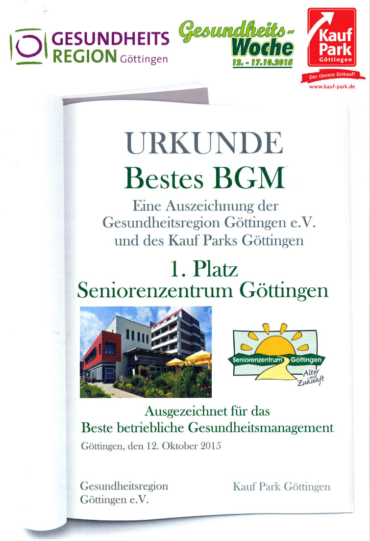 Urkunde Bestes BGM Seniorenzentrum Goettingen